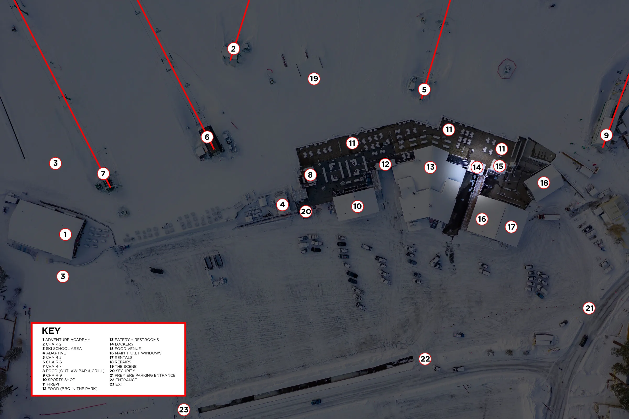 Bear Mountain base area drone view in winter with legend